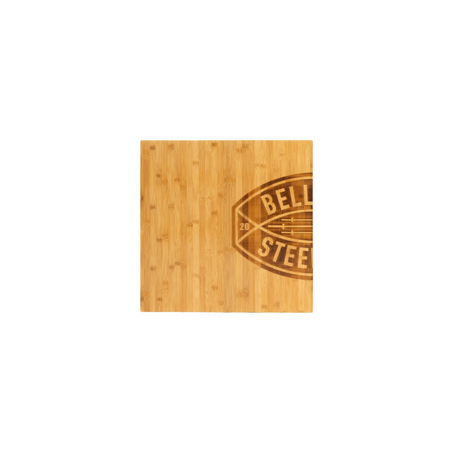 The Deadlift Platform Bamboo Insert (Left) by Bells of Steel is a square cutting board with a partial "BELL STEE" logo on the right side, showcased on a white background and designed for seamless use with modular platforms.