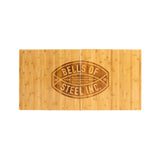 Two rectangular Deadlift Platform Bamboo Inserts by Bells of Steel, engraved with the company logo in the center, form a football shape—perfect as a durable bamboo insert for your lifting platform.