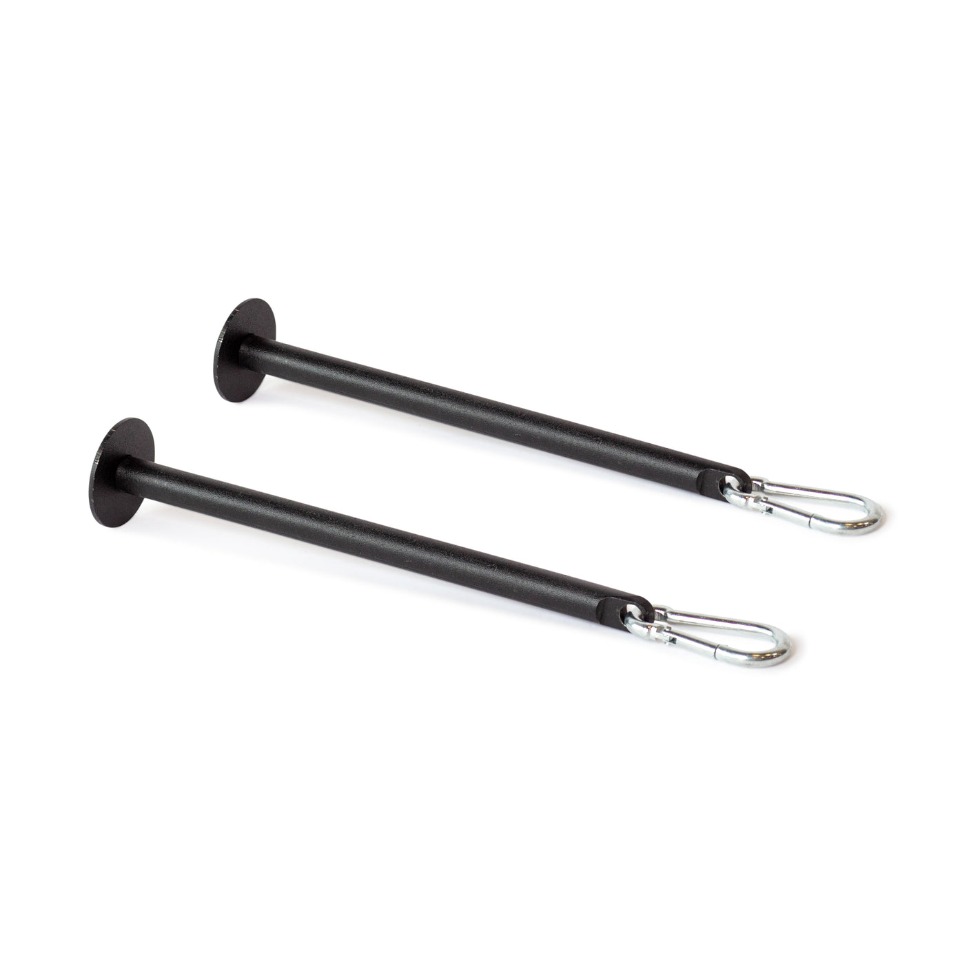 Two Bells of Steel Band Pegs with Carabiners, featuring black metal construction and round flat ends, are shown parallel on a white background—perfect for securing resistance bands to a power rack during workouts.