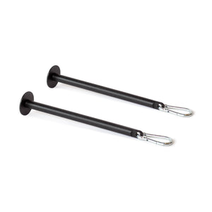 Two Bells of Steel Band Pegs with Carabiners, featuring black metal construction and round flat ends, are shown parallel on a white background—perfect for securing resistance bands to a power rack during workouts.