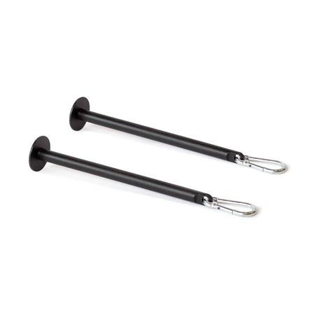 Two Bells of Steel Band Pegs with Carabiners, featuring black metal construction and round flat ends, are shown parallel on a white background—perfect for securing resistance bands to a power rack during workouts.