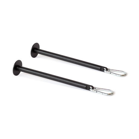 Two Bells of Steel Band Pegs with Carabiners, featuring black metal construction and round flat ends, are shown parallel on a white background—perfect for securing resistance bands to a power rack during workouts.