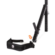 The Bells of Steel Belt Squat / Lever Arms Rack Attachment, featuring a black adjustable mechanism with perforated holes, an orange handle, and a chain link, connects to a black padded belt with a logo. It's ideal for enhancing your workout versatility.