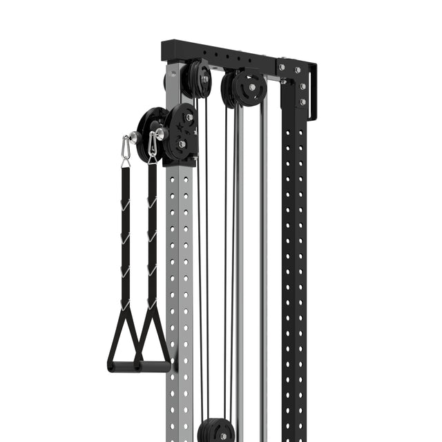 The Bells of Steel Cable Tower is a black and gray gym equipment featuring a triangular handle attachment, multiple holes for adjustable settings, and several pulleys for smooth cable movement. Its design includes a weight stack to enhance workout versatility.