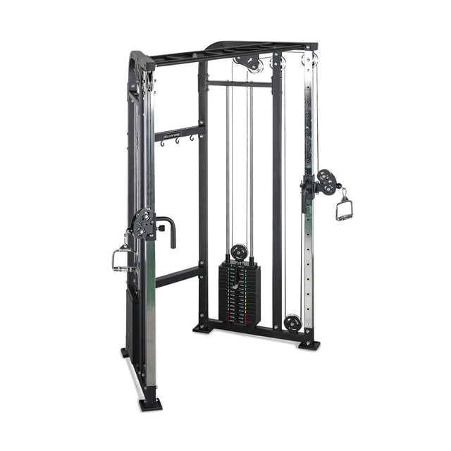 The Bells of Steel Functional Trainer is a sleek black and silver machine featuring two adjustable pulleys, metal weights at the center, handles on either side, and versatile cable attachments for various exercises.