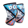 Bells of Steel Knee Sleeves feature bold, colorful abstract blue and orange patterns with a white animal graphic and the partial word "BOSS" at the top, offering added squat support.