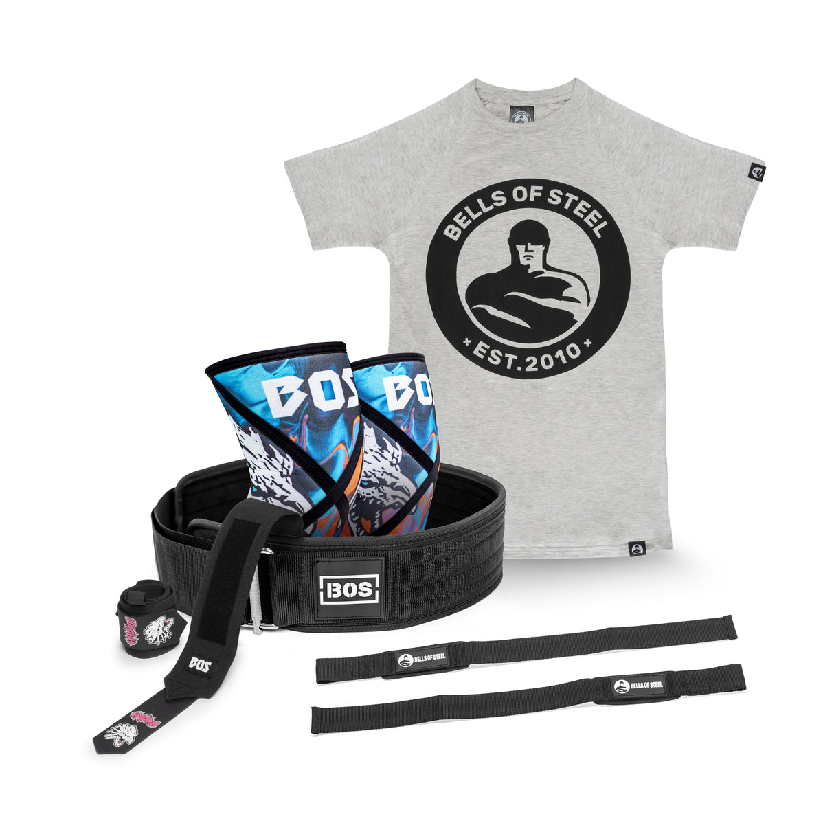 The "Self Locking Belt Package" by Bells of Steel USA includes a gray T-shirt featuring their logo, vibrant blue knee sleeves, a sleek black self-locking lifting belt, wrist wraps, and two durable lifting straps.