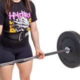 Female model lifting barbell with Self Locking Belt