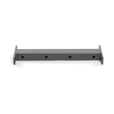 A Hydra Crossmember for Plate Tree by Bells of Steel, this grey metal bracket features flanges and four evenly spaced holes for secure mounting.