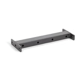 The Hydra Crossmember for Plate Tree by Bells of Steel is a gray metal bracket with a rectangular bar design featuring evenly spaced holes for stability. It includes flat mounting plates at both ends, each with its own set of holes for securing.