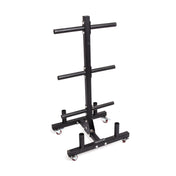 The Bells of Steel Bumper Plate Weight Tree and Bar Holder is a sleek black plate tree with multiple horizontal rods for weight storage. Its stable base and small wheels ensure easy mobility, making it an ideal solution to efficiently organize gym weights.