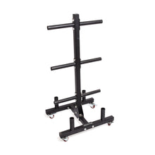 The Bells of Steel Bumper Plate Weight Tree and Bar Holder features black metal construction, horizontal bar storage, four upright base pegs, and red-wheeled casters for easy mobility—an efficient solution for gym plate organization.