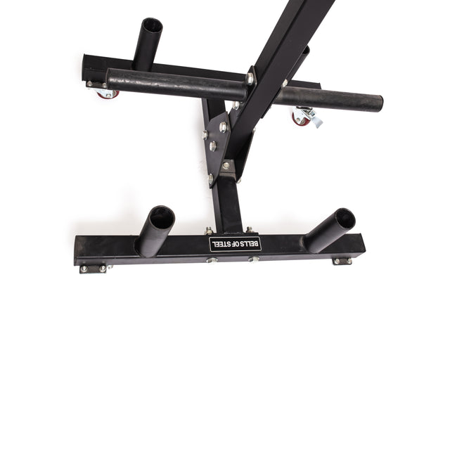 The Bells of Steel Bumper Plate Weight Tree And Bar Holder is a sleek black metal rack with wheels and multiple vertical rods for efficient storage, expertly designed to hold weight plates, shown against a crisp white background.