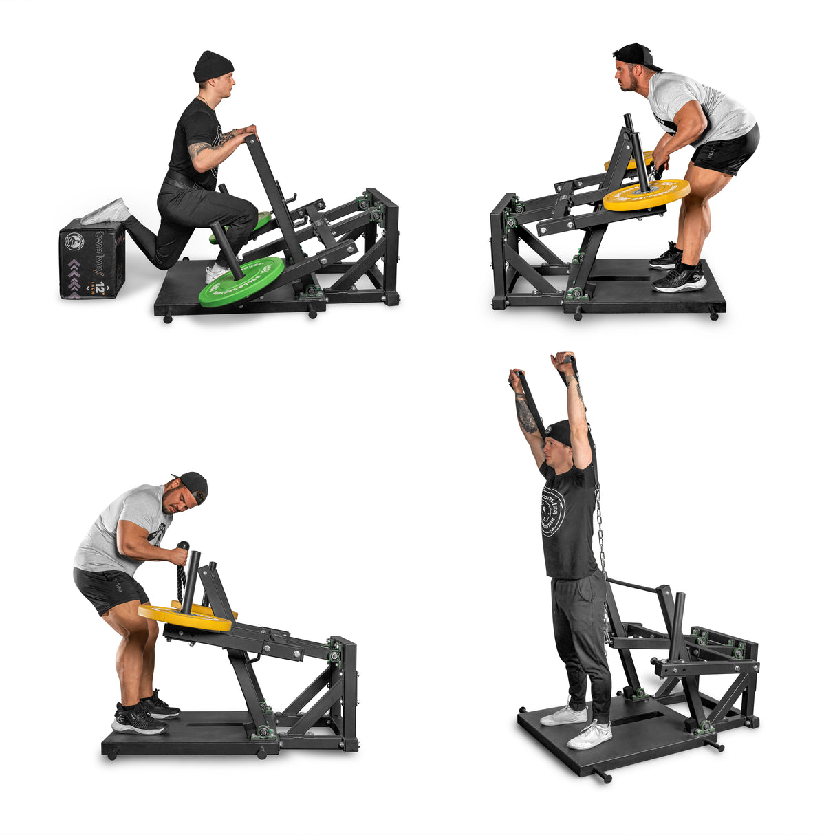 Four images show a man using different gym machines. Each setup includes the Bells of Steel Belt Squat Machine for lower body strength, featuring resistance options like plates or chains, providing diverse muscle engagement and a space-efficient design for effective strength workouts.