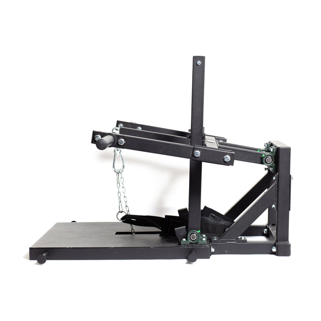 A side view showcases the Bells of Steel Belt Squat Machine, featuring adjustable metal components in black, set against a plain white background. Perfect for building lower body strength and ideal for any home gym setup.