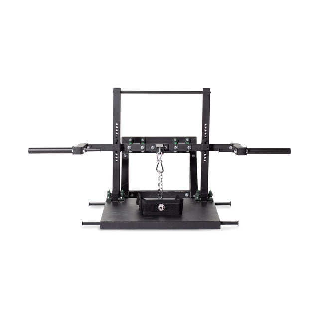 The Bells of Steel Belt Squat Machine is a black, adjustable weightlifting machine ideal for home gyms, designed for squats and lower body strength. It includes a central padded area, adjustable arms, a chain attachment in the middle, and a sturdy base.