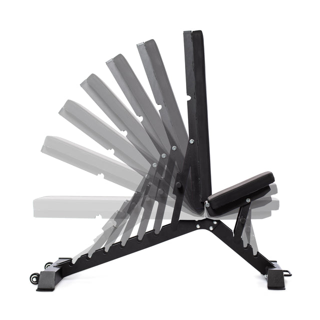 The Bells of Steel Buzz-Saw Heavy-Duty Adjustable Bench features a black padded seat and backrest with multiple incline positions. Designed for durability, it includes an adjustable back pad, sturdy metal frame with wheels for easy movement, and supports a 1,000lb max capacity.