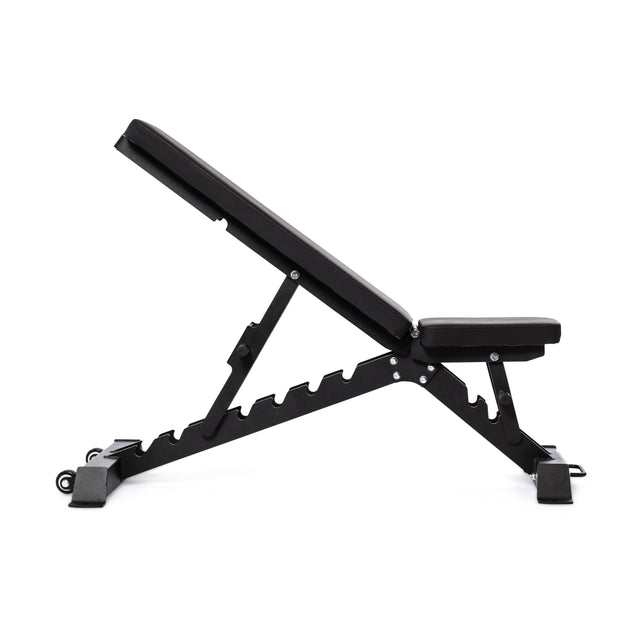 The Buzz-Saw Heavy-Duty Adjustable Bench by Bells of Steel is shown in an incline position against a white background. It features a padded seat, backrest, sturdy metal frame, and adjustable back pad, offering comfort and support up to an impressive 1,000lb max capacity.