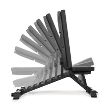 The Buzz-Saw Heavy-Duty Adjustable Bench by Bells of Steel features a sleek black design with multiple backrest positions from flat to upright, offering exercise versatility against a clean white background.