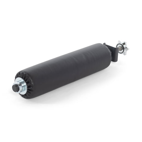 The Bells of Steel Split Squat Leg Roller Rack Attachment is a black cylindrical punching bag designed for indoor wall installation, featuring a metal bracket and mount for versatile workouts.