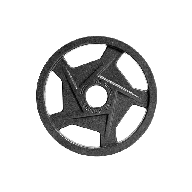 Viewed from above against a white background, a Bells of Steel "Black Mighty Grip Olympic Weight Plate" features a star-shaped cutout, precision grip handles, and embossed "15LB" text.