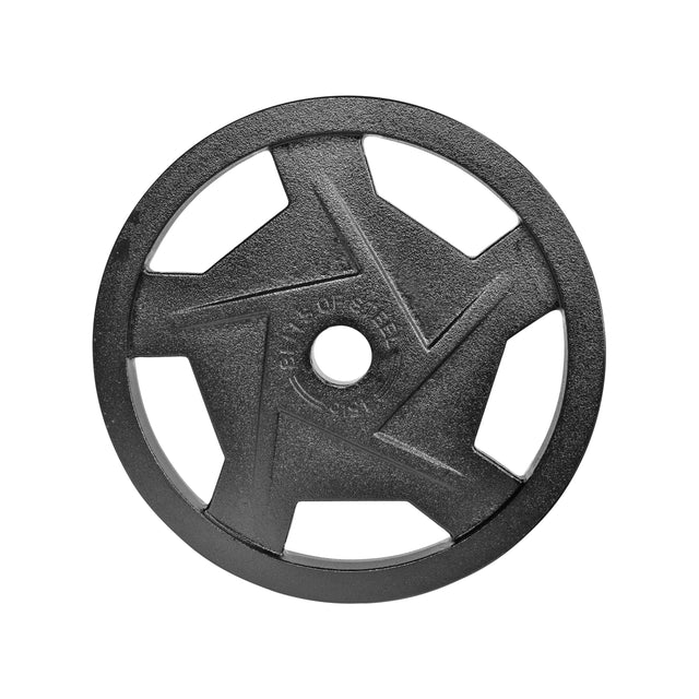 The Black Mighty Grip Olympic Weight Plates by Bells of Steel have a star-shaped center cutout, textured ergonomic surface, weight markings in the middle, and a smooth outer edge for precision grip.