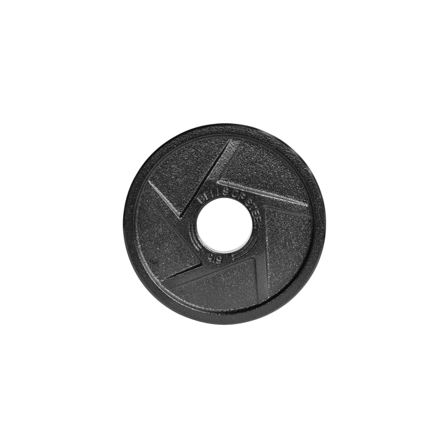 A round black Olympic weight plate, the Black Mighty Grip by Bells of Steel, features a central hole, etched geometric patterns with "Oly Series" and "2.5" indicating kilograms. Its ergonomic design allows easy handling and is set against a plain white background.