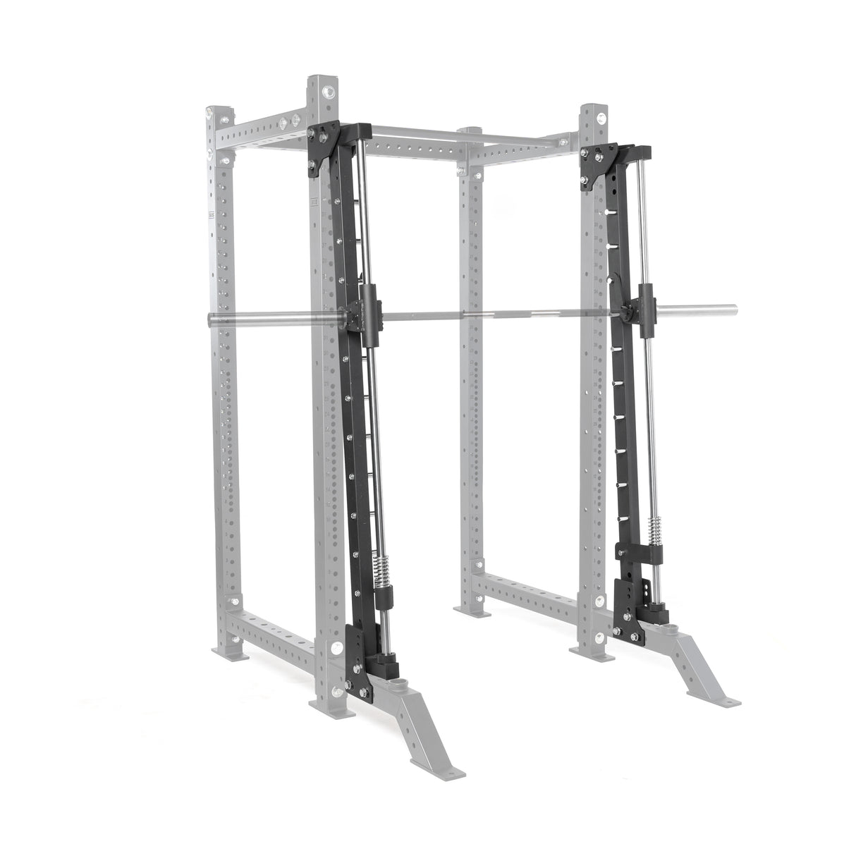 The Bells of Steel Smith Machine Rack Attachment features a sturdy metallic frame and an adjustable barbell, ideal for gym weightlifting exercises. Designed for stability and safety, this power rack ensures an optimal workout experience.