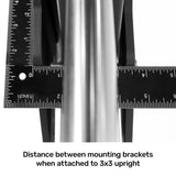 Close-up image of two black square rulers on a 3x3 upright pole, measuring spacing for the Bells of Steel Smith Machine Rack Attachment. The rulers intersect at right angles, ensuring precise bracket placement.