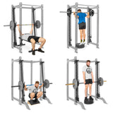 A man exercises using a barbell and weights for bench press, pull-up, squat, and deadlift routines. He demonstrates these in a power rack with the Bells of Steel Smith Machine Rack Attachment.