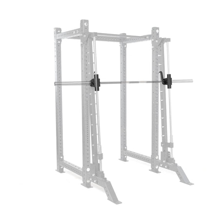 The Smith Machine Rack Attachment by Bells of Steel is displayed in gray, with its barbell and two safety spotter arms highlighted in black as essential power rack attachments for bodybuilding equipment.