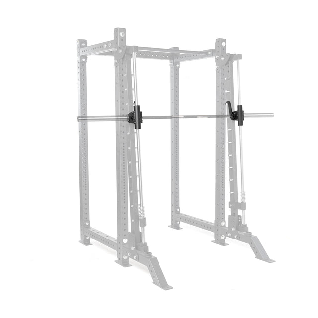 The Smith Machine Rack Attachment by Bells of Steel is displayed in gray, with its barbell and two safety spotter arms highlighted in black as essential power rack attachments for bodybuilding equipment.