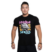 A person in a Bells of Steel Bamboo T-Shirt with a colorful graphic dragon stands against a plain white background, arms relaxed by their sides.