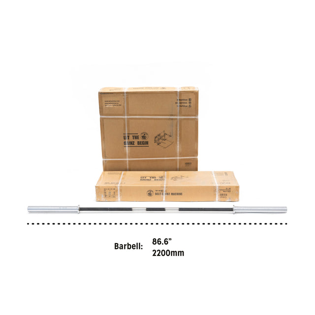 A Belt Squat Machine by Bells of Steel is placed in front of two cardboard boxes labeled with shipping information, perfect for any home gym setup aimed at enhancing lower body strength.