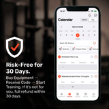 A smartphone shows the Bells of Steel Training App’s calendar and workouts. Text: “30-Day Risk-Free Trial. Buy Equipment → Get Code → Start Training. Not satisfied? Full refund in 30 days.” A checkmark shield icon appears above. Brand: Bells of Steel.