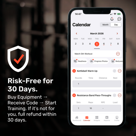 A smartphone shows Bells of Steel’s Online Coaching app with a March 2026 training calendar. Beside it: “Risk-Free for 30 Days—buy equipment, get your code, start training, or claim a full refund within 30 days.”.