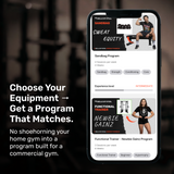 A smartphone shows two programs, "Sandbag Program" and "Functional Trainer - Newbie Gainz," with instructors’ images. Next to it: “Choose Your Equipment → Get personalized fitness coaching with Bells of Steel Online Coaching.”.