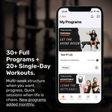 A smartphone displays the Bells of Steel Training App by Bells of Steel, showcasing “30+ Full Programs + 20+ Single-Day Workouts” and “New programs added monthly,” against a blurred gym background.