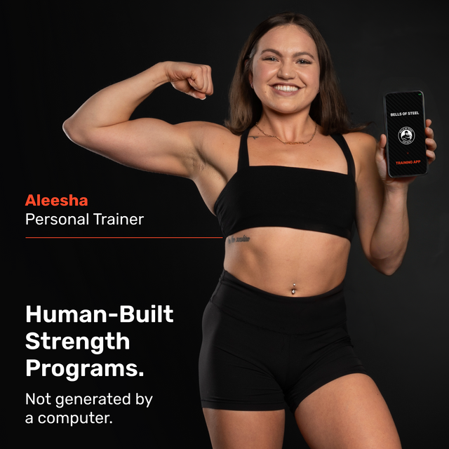 A smiling woman in athletic wear flexes her arm and holds a phone showing "Hello, my name is Aleesha." Text: "Aleesha, Personal Trainer. Get human-built strength programs on the Bells of Steel Training App by Bells of Steel.