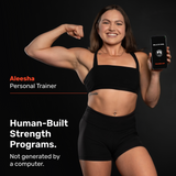 A smiling female trainer in athletic wear flexes her arm and holds a phone showing a fitness app. Text: "Bells of Steel Online Coaching – Personalized coaching with human-built strength programs.