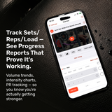 A smartphone shows the Bells of Steel Training App by Bells of Steel, tracking sets, reps, and load for a bench exercise with charts. Progress reports and performance tracking are highlighted beside the phone on a dark textured surface.