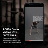 A smartphone shows a workout demo video with form cues highlighted. Text beside it reads, "1,000+ Demo Videos With Form Cues"—ideal for remote personal training with Bells of Steel’s Online Coaching to boost your lifting confidence.