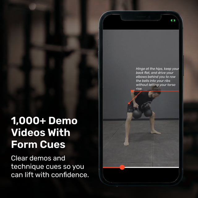 A smartphone shows a workout demo video with form cues highlighted. Text beside it reads, "1,000+ Demo Videos With Form Cues"—ideal for remote personal training with Bells of Steel’s Online Coaching to boost your lifting confidence.