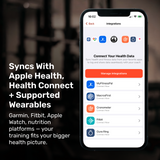 A smartphone displays Bells of Steel Online Coaching, showing health app integration with MyFitnessPal, Fitbit, Apple Health, Health Connect, and wearables—ideal for remote personal training or personalized fitness coaching.