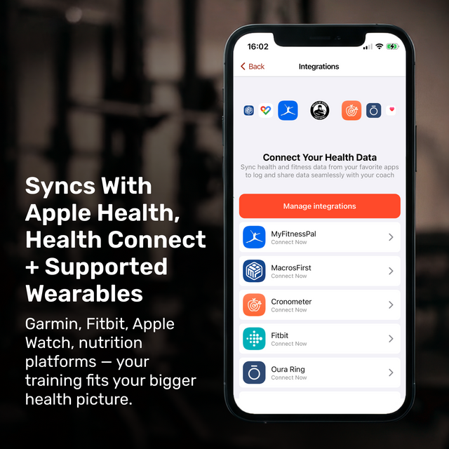 A smartphone displays Bells of Steel Online Coaching, showing health app integration with MyFitnessPal, Fitbit, Apple Health, Health Connect, and wearables—ideal for remote personal training or personalized fitness coaching.