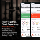 Two smartphones show the Bells of Steel Training App dashboard with nutrition and activity stats. The couples plan offers separate profiles—perfect for strength training—so both users track progress without sharing logins, on one Bells of Steel subscription.
