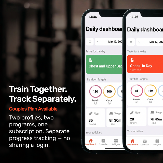 Two smartphones show the Bells of Steel Training App dashboard with nutrition and activity stats. The couples plan offers separate profiles—perfect for strength training—so both users track progress without sharing logins, on one Bells of Steel subscription.