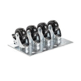 The Bells of Steel Casters for Hydra Upright, a set of four, are mounted on a rectangular metal base with holes for easy attachment to storage units. They feature shiny metallic brackets and smooth, rounded surfaces for effortless mobility.