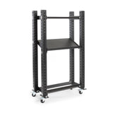 The Bell of Steel Hydra storage unit in sleek black has perforated vertical supports, two adjustable shelves, and rests on a set of four sturdy Casters for Hydra Upright, offering effortless mobility and making it ideal for organizing tools like 24mm wrenches.