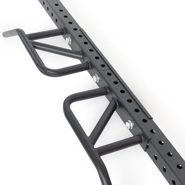 Close-up of a black metal multi-grip pull-up bar with adjustable handles attached to a vertical frame, reminiscent of the Bells of Steel Cable Crossover Machine. It has multiple holes and is bolted for stability.